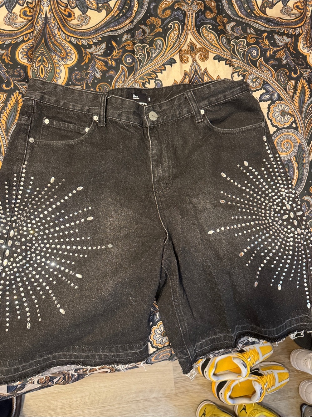 Embellished Black Denim Shorts with Rhinestone Burst
